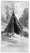 INDIAN O'-CHUM.<BR>
This style of house, made of cedar poles covered with bark, is more easily heated than any other form of dwelling known.